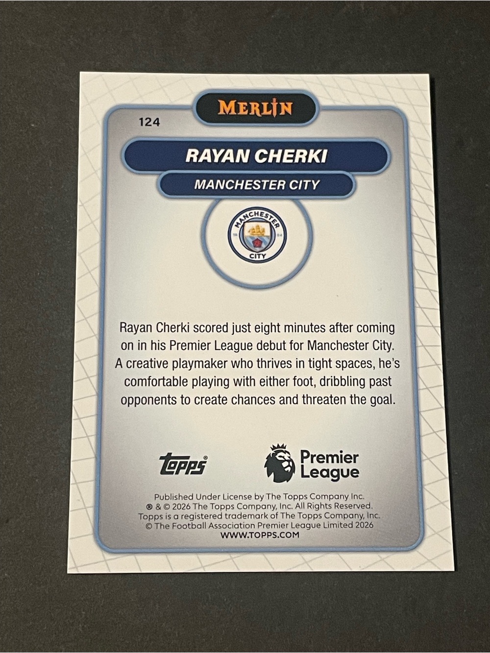 2026 Topps Merlin Premier League Rayan Cherki #124 Manchester City Base Card - Picture 2 of 4